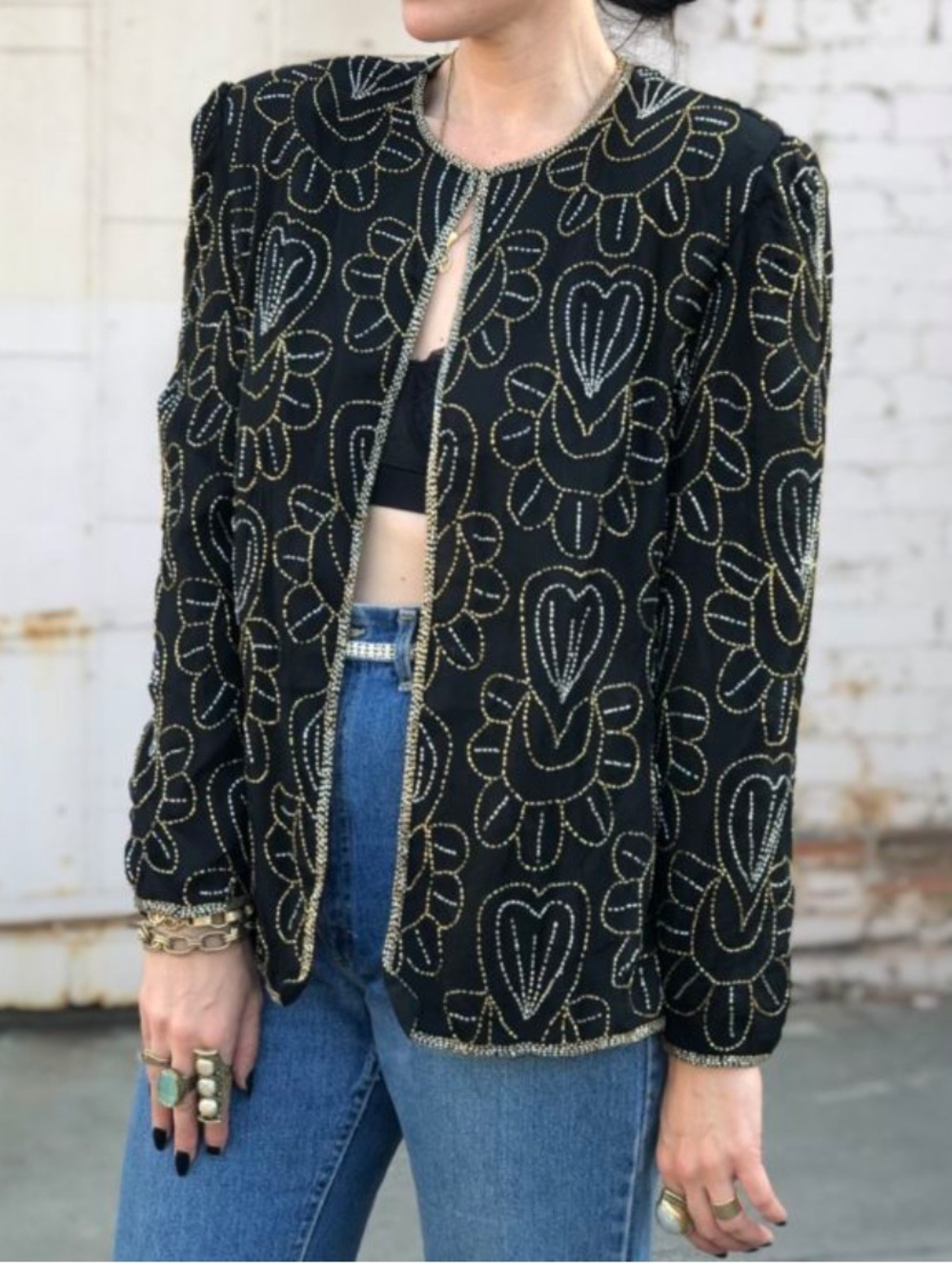 Vintage Embellished Black Beaded Floral Jacket - fits S-L